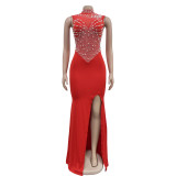 Fashion Women's Solid Color Beaded Mesh Sleeveless Long Dress