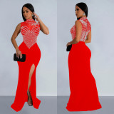 Fashion Women's Solid Color Beaded Mesh Sleeveless Long Dress