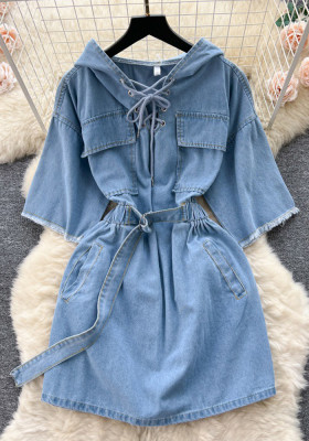 Casual Lace-Up Slim Waist Hooded Denim Dress