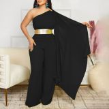 Women's Spring Summer Fashion Chic Slash Shoulder Patchwork Pleated OL High Waist African Jumpsuit