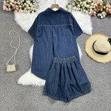 Summer Loose Short-Sleeved Denim Shirt Wide-Leg Shorts Casual Trendy Two-Piece Set