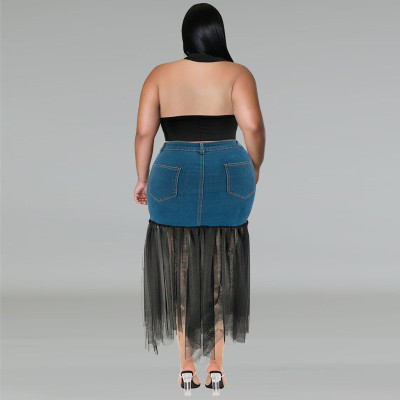 Plus Size Women's Denim Patchwork Mesh Skirt