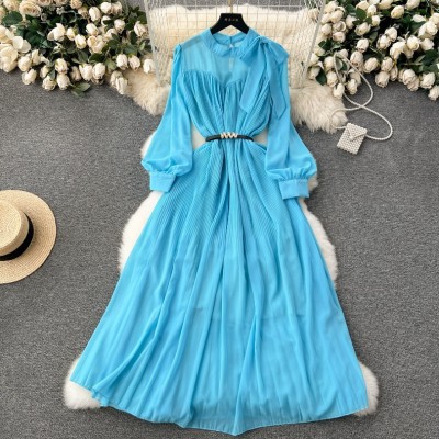 Spring Women's Bow Pleated Chiffon Puff Sleeve Long Dress