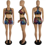 Women's Spring/Summer Slim Style Printed Sports Two-Piece Shorts Set