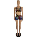 Women's Spring/Summer Slim Style Printed Sports Two-Piece Shorts Set