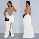 Fashion Women's Solid Color Beaded Mesh Sleeveless Long Dress