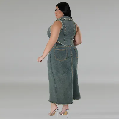 Plus Size Women's Denim Sleeveelss Zipper Top Slit Long Skirt Two Piece Set