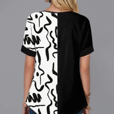 Women's V-Neck Printed Patchwork T-Shirt