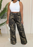 Leopard Cargo Pants Pocket Denim Jeans