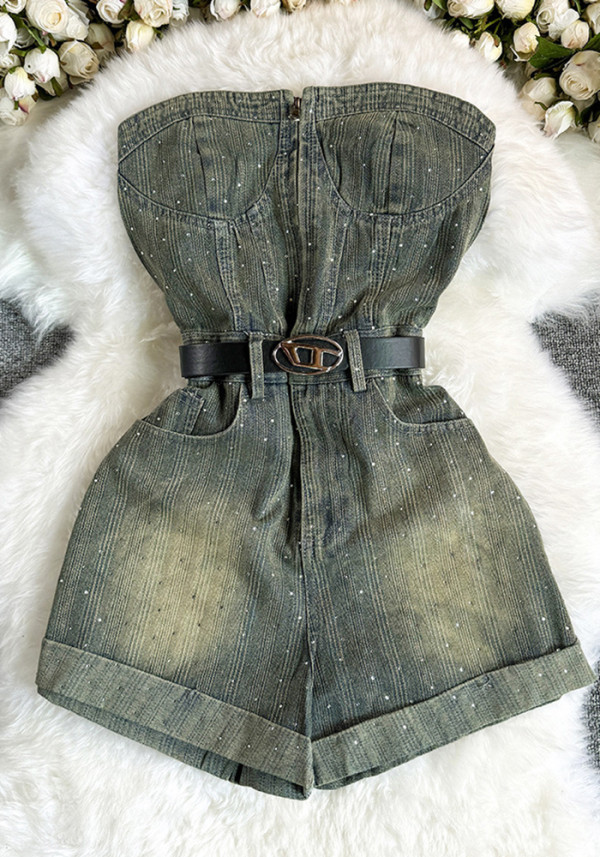 Summer Beaded Zipper Strapless Sexy Denim Short Jumpsuit