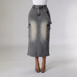 Pocket Stretch Denim Long Skirt