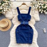 Women Summer Dark Blue Pockets Slim Short Strap Denim Dress