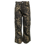 Leopard Cargo Pants Pocket Denim Jeans