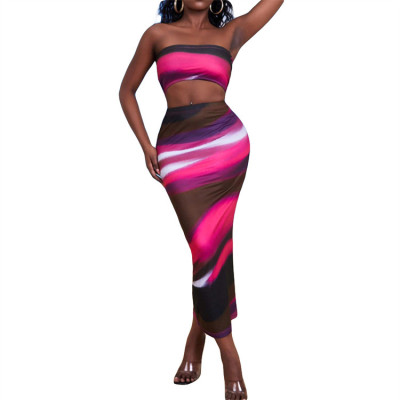 Summer Women's Fashion Printed Strapless Slim Women's Two Piece Skirt Set