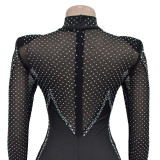 Fashion Women's Solid Color Beaded Mesh Long Sleeve Jumpsuit