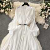 Spring Women's Bow Pleated Chiffon Puff Sleeve Long Dress