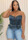 Zipper Strapless Belt Denim Women's Top