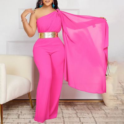 Women's Spring Summer Fashion Chic Slash Shoulder Patchwork Pleated OL High Waist African Jumpsuit