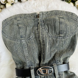 Summer Beaded Zipper Strapless Sexy Denim Short Jumpsuit