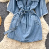 Casual Lace-Up Slim Waist Hooded Denim Dress