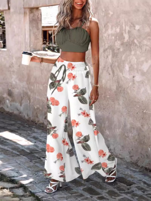 Women Printed Sleeveless Chest Wrap and Pant Two-piece Set