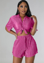 Women summer short-sleeved pleated shirt and Shorts Casual two-piece set