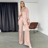 Women Long Sleeve Turndown Collar Shirt Leopard Print Pants Women Casual Two-Piece Set