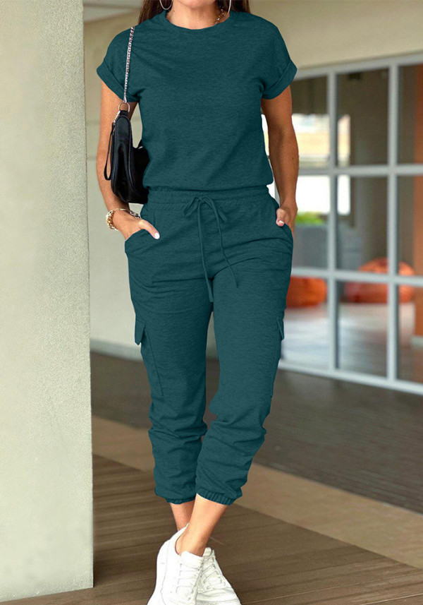 Women Solid Top and Cargo Pant Two-piece Set