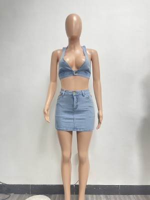 Women elastic Denim Top and sexy Mini Skirt two-piece set
