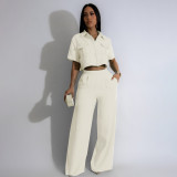 Women's Summer Fashion Turndown Collar Short Sleeve High Waisted Wide Leg Two Piece Pants Set