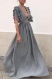 Women's Sexy V Neck Ruffle Sleeve Long Dress