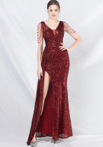 Luxury Sequin Rhinestone Chain Slit Long Evening Dress