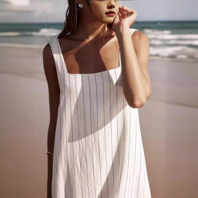Spring Summer Square Neck Striped Fashion Sleeveless Dress