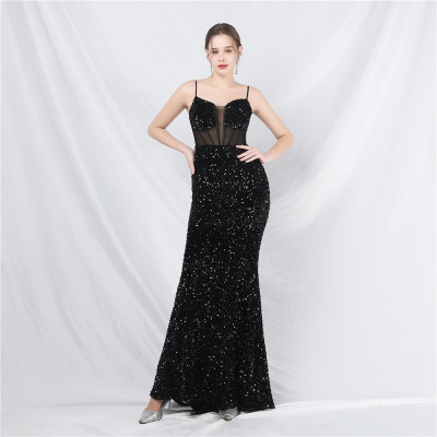 Luxury Strap Fishbone Slim Waist Mesh Sequin Evening Dress