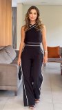 Summer Fashionable Cross Halter Neck Contrast Color Wide Leg Two Piece Pants Set