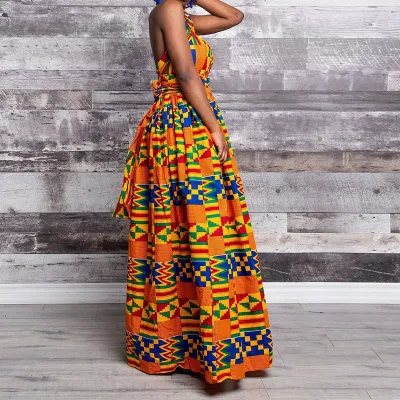 Spring Fashion Slim Waist Belted Halter Neck Ruffle Dress