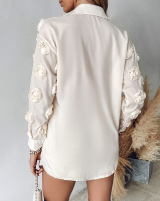 Women's Solid Color Flower Long Sleeve Shirt Shorts Two Piece Set