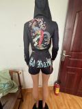 Women's Spring/Summer Print Fashion Casual Hooded Zip Long Sleeve Hooded Sports Two Piece Shorts Set