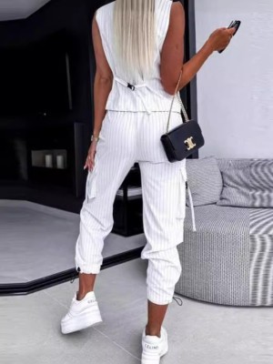 Women's Chic Elegant Solid Color Striped Button Vest Pocket Pants Two Piece Set