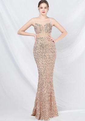 Luxury Strap Fishbone Slim Waist Mesh Sequin Evening Dress