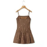 Women Summer French sexy belted pleated printed suspender dress