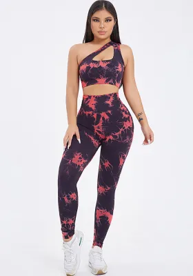 Women Seamless One Shoulder Tie Dye Sports Top Pants Shorts Yoga Clothing