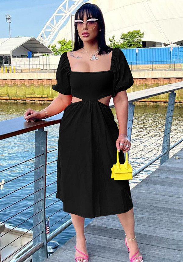 Women Solid U Neck Lantern Short Sleeve Irregular Dress