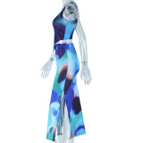 Women Printed Sleeveless Vest Top and Slit Skirt Two-piece Set