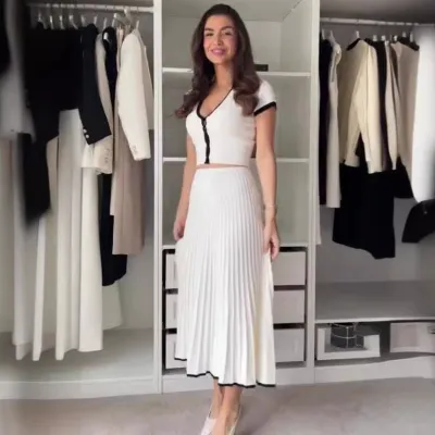 Women Summer Contrast Color Top And Skirt Two-piece Set