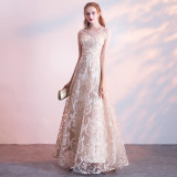 Formal Party Long Gown Wedding Chic Lace Champagne Evening Dress