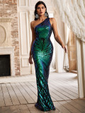 Slash Shoulder Sleeveless Floral Sequin Dress Slim Fit Mermaid Long Dress