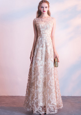 Formal Party Long Gown Wedding Chic Lace Champagne Evening Dress
