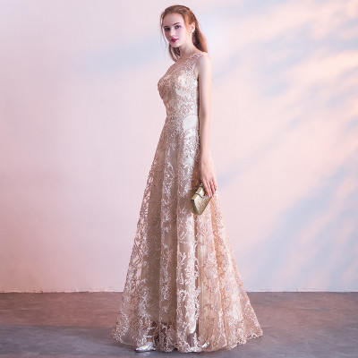 Formal Party Long Gown Wedding Chic Lace Champagne Evening Dress