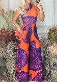 Women's Orange Leaf Print One Shoulder Jumpsuit